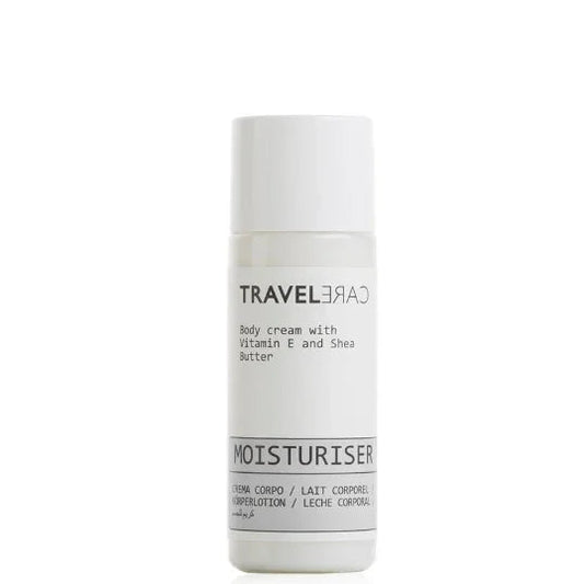 Locão Hidratante Corporal TRAVELCARE Frasco 30ml com Vitamina E e Manteiga de Karité, formato descartável para uso em hóteis e alojamentos locais