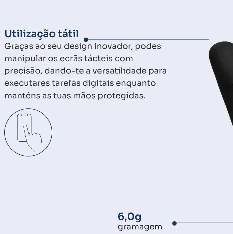 Utilização tátil das Luvas Nitrilo Pretas Descartáveis, gramagem 6,0g, ideal para tarefas digitais e proteção das mãos.