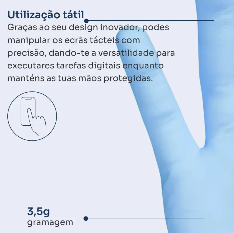 Luvas Nitrilo Azuis Descartáveis, 3.5g, design inovador para manipulação de ecrãs táteis, proteção das mãos.