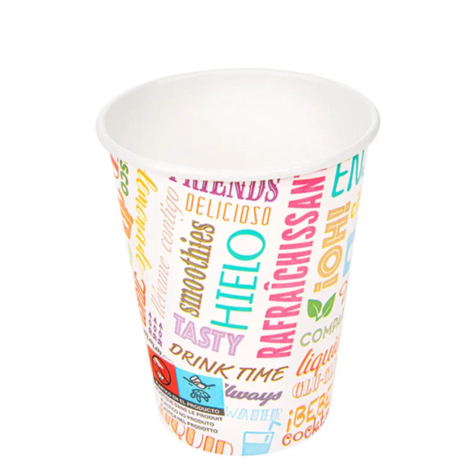 Copo de Cartão Impresso 270ml com estampas coloridas ideal para bebidas, pack de 100 unidades.