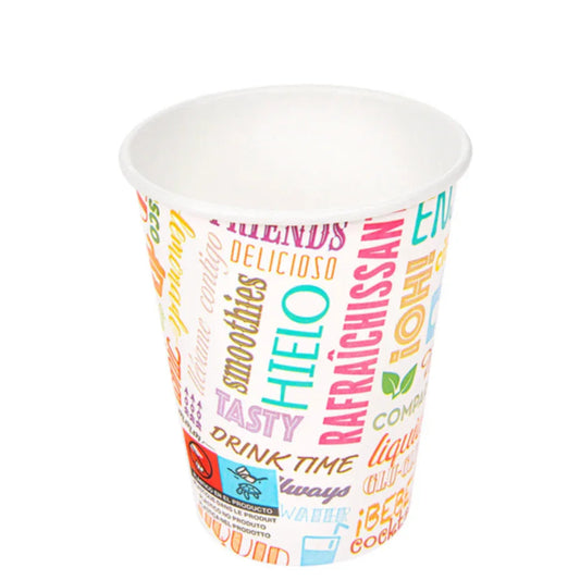 Copo de Cartão Impresso 270ml com estampas coloridas ideal para bebidas, pack de 100 unidades.