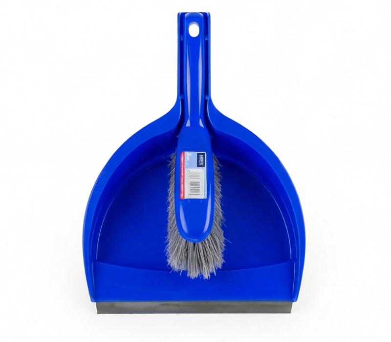 Conjunto de Vassoura + Pá do Lixo Pequena, conjunto prático para limpeza eficiente com pá do lixo azul e vassoura.
