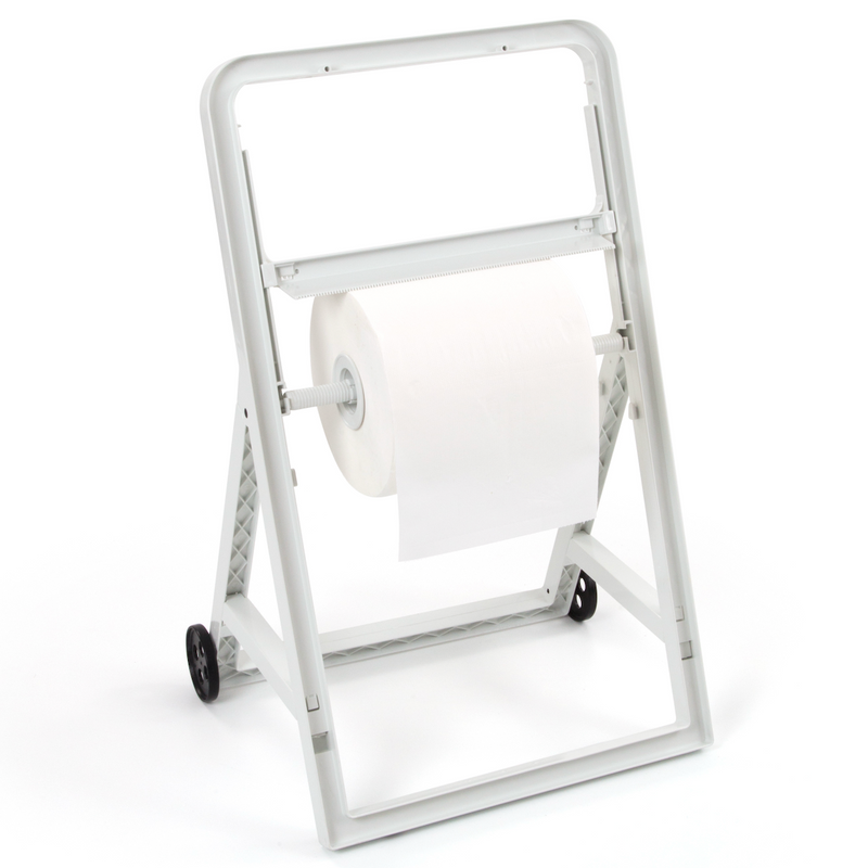 Dispensador de Rolo Papel Industrial Tripé com Rodas, equipamento robusto com rodas para facilidade de transporte.
