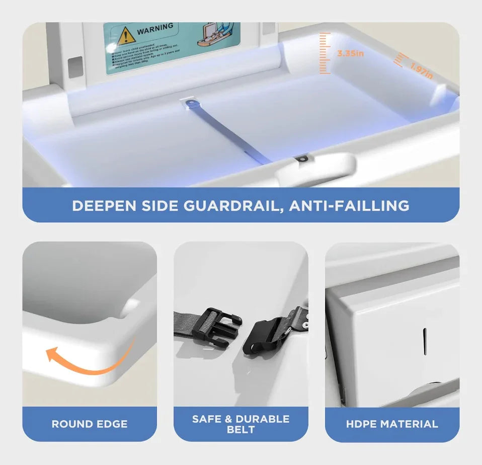 Fraldário Horizontal de Parede com guarda-pele profundo, cinto seguro e material HDPE durável.