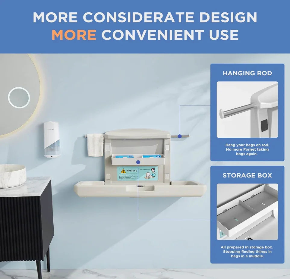 Fraldário Horizontal de Parede com design prático e recursos como barra de pendurar e caixa de armazenamento