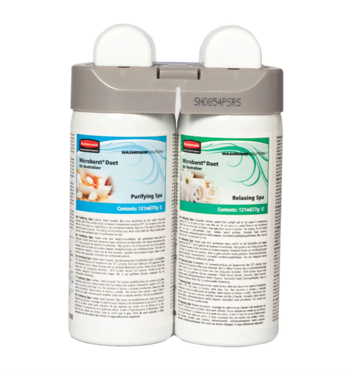 Ambientador Profissional Rubbermaid Microburst Duet em embalagem dupla com fragrâncias Purifying Spa e Relaxing Spa.