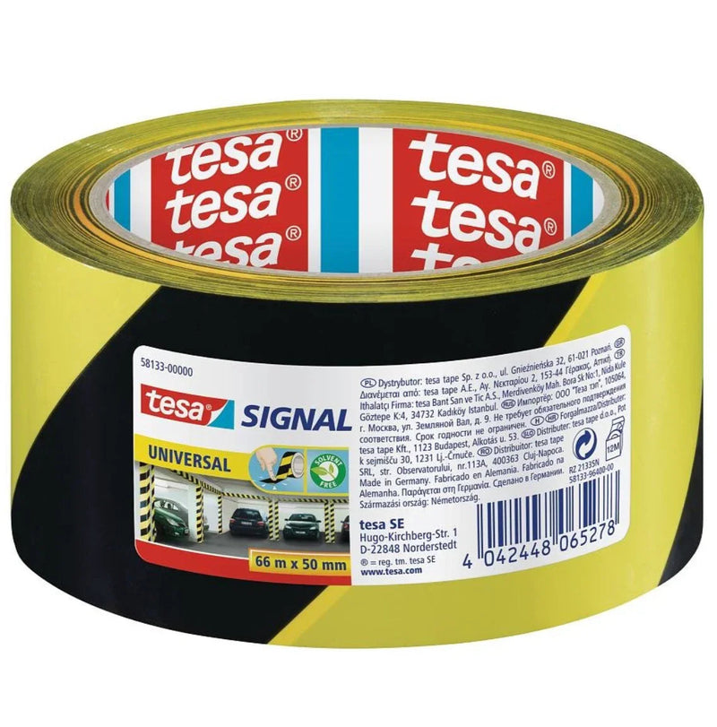 Fita Adesiva Sinalizadora TESA SIGNAL amarela e preta, 66 metros x 50 mm, ideal para sinalização de áreas perigosas.