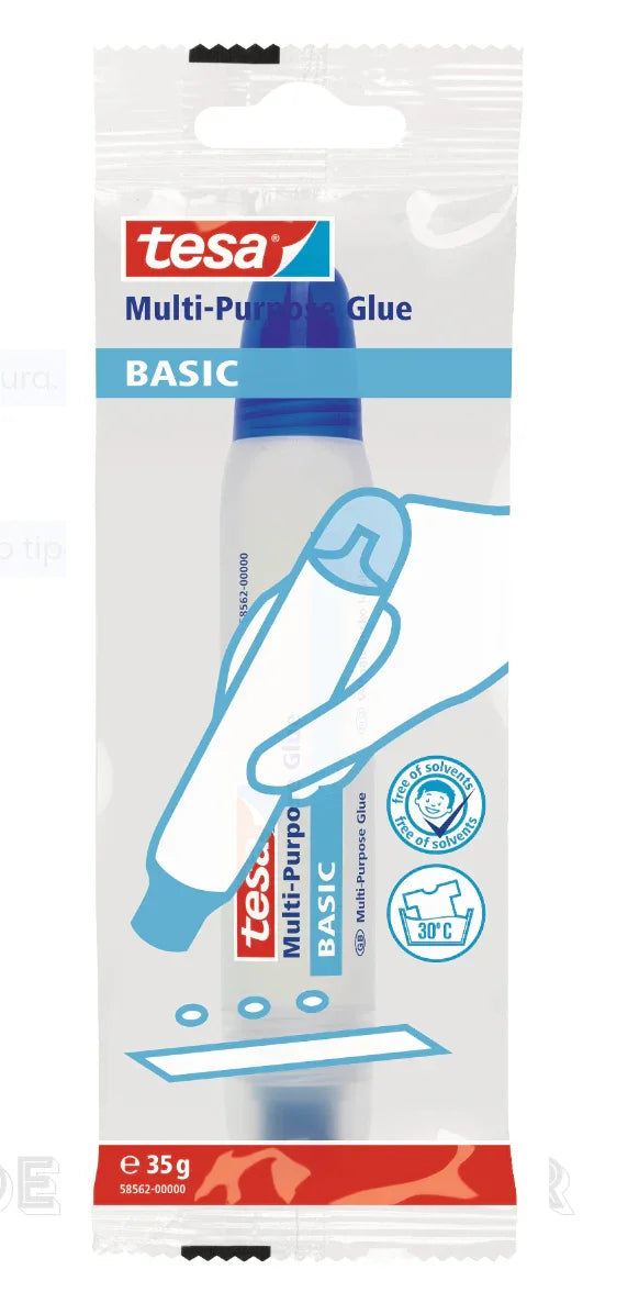Cola Líquida Multiusos TESA 35ml em embalagem com instruções de uso, ideal para colagem de diversos materiais.