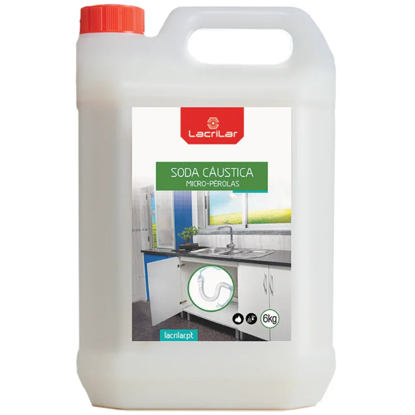 Soda Cáustica com micro-pérolas em garrafão de 6Kg da marca Lacrilar para desentupir canos.