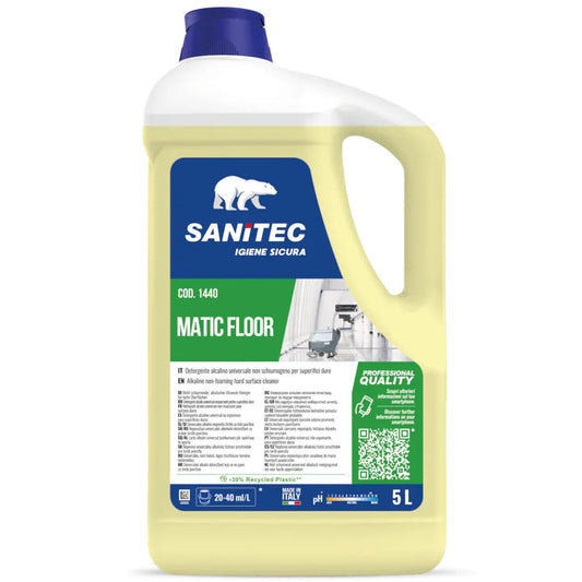 Detergente Pavimentos Alcalino Máquinas Lavadoras | SANITEC MATIC FLOOR 5L em embalagem de plástico.