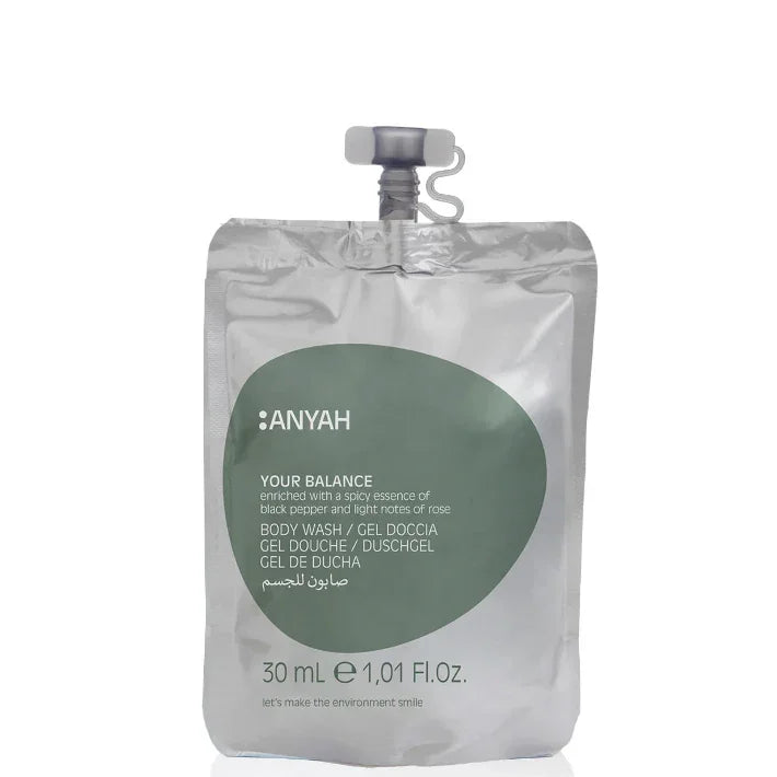 Gel de Banho Ecológico ANYAH Doypack 30ml com rótulo 'Your Balance' em embalagem reciclável, formato amenities, perfeito para hotéis e alojamentos locais