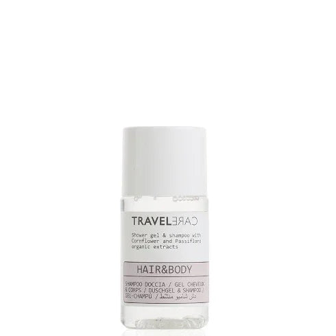 Gel de Mãos e Champô 2em1 TRAVELCARE | Frasco com 20ml | Produtos de Amenities para cabelo e corpo, uso descartável em hóteis e alojamentos locais