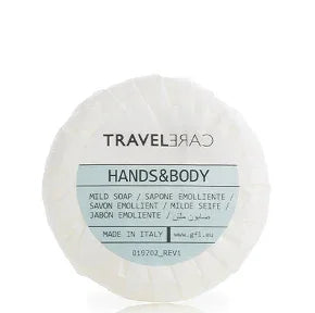 Sabonete Sólido Vegetal Mini TRAVELCARE 15g em formato redondo, indicado para mãos e corpo, embalagem amenities para hotelaria e alojamento local
