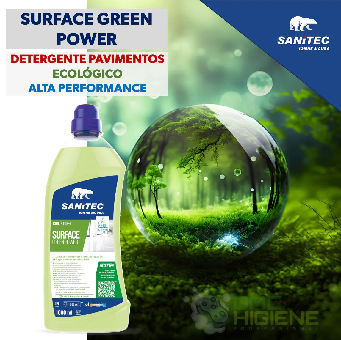 Detergente Pavimentos Ecológico Profissional da SURFACE GREEN POWER, frasco de 1000ml com design ecológico.