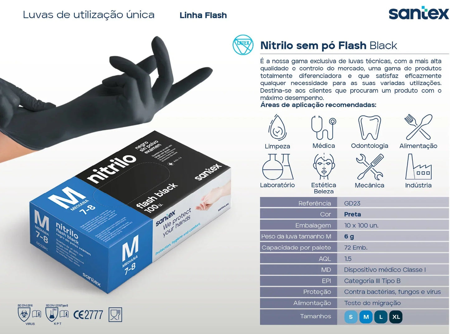 Luvas Nitrilo Pretas Descartáveis, sem pó, tamanho M, pacote de 100 unidades, ideais para profissionais de limpeza e manutenção.