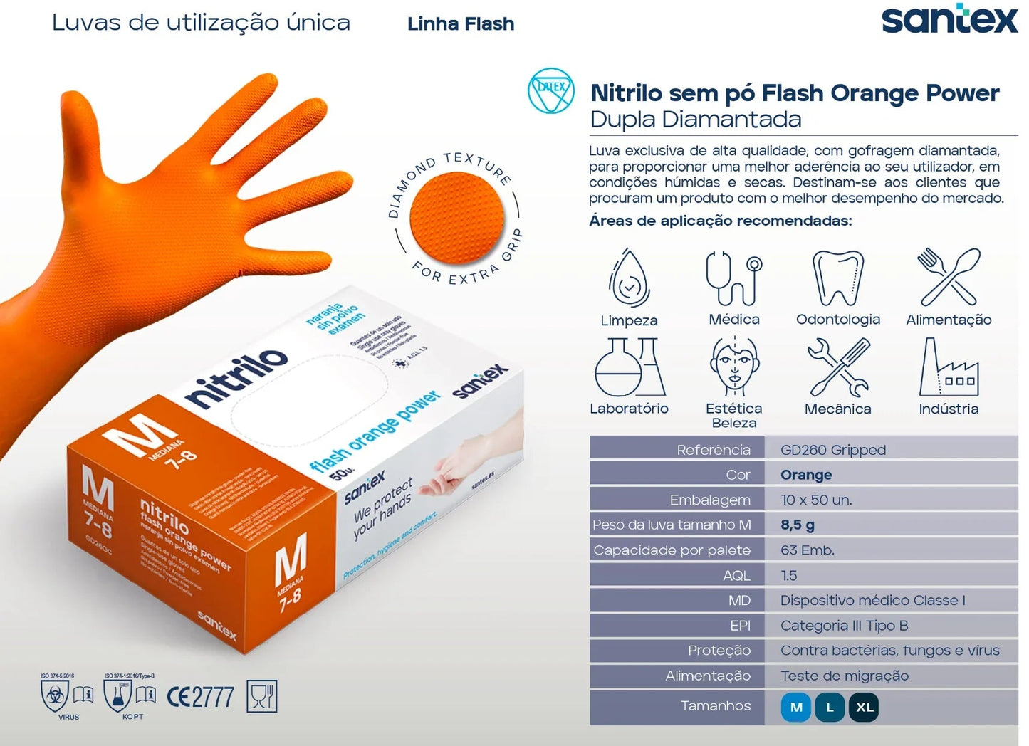 Luvas Nitrilo Laranja Descartáveis, sem pó, gramagem 8,5g, disponíveis em M, L e XL, pack com 50 unidades.