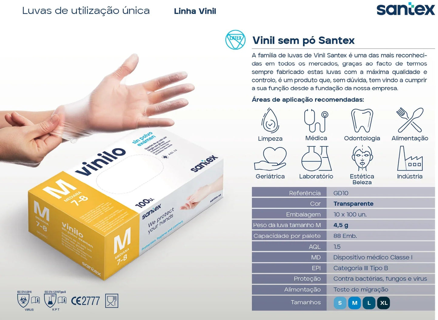 Luvas Vinil Descartáveis sem Pó Santex, tamanho M, embalagem com 100 unidades, ideal para limpeza e cuidados de saúde.
