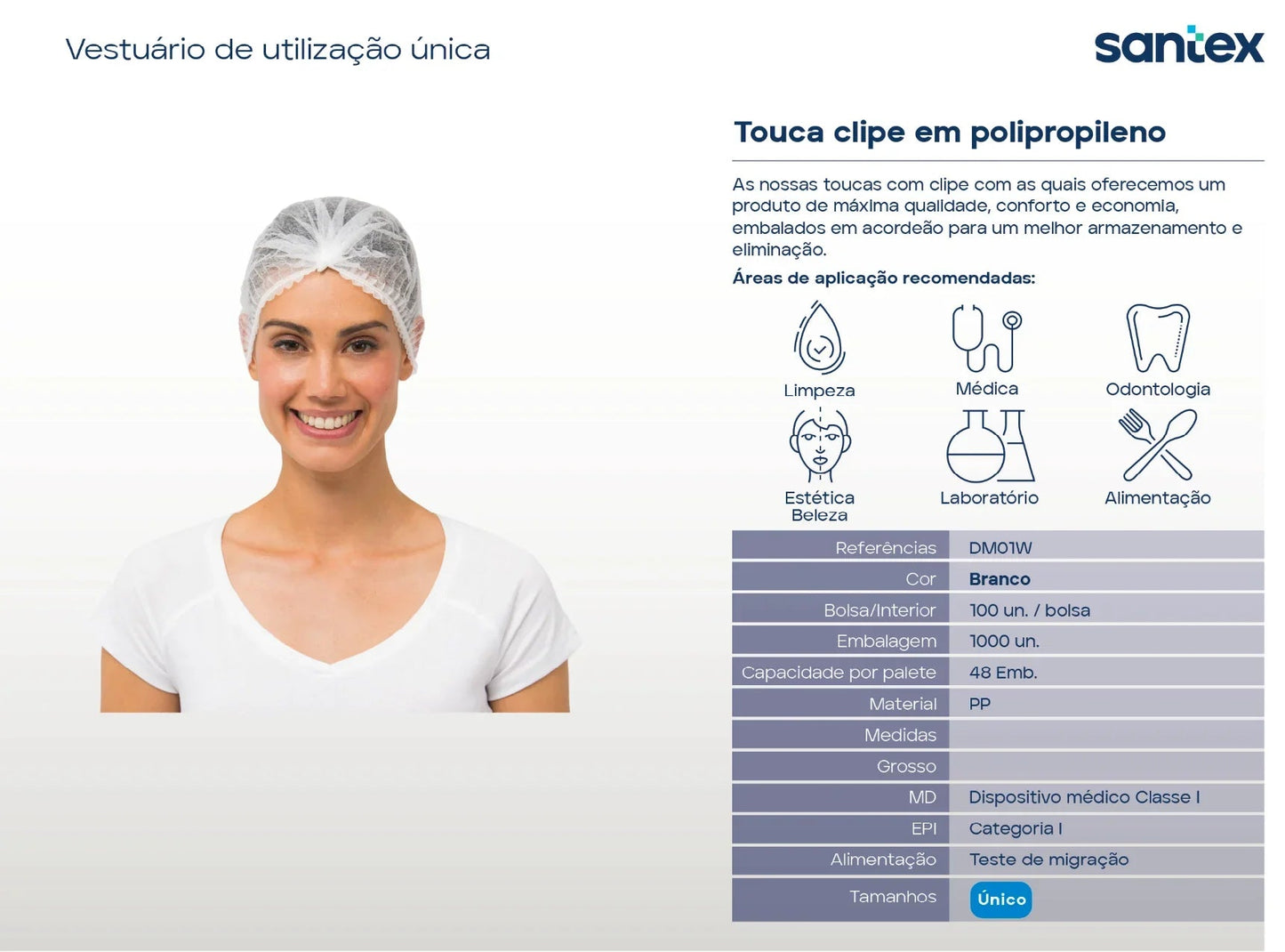 Toucas Clip Brancas Descartáveis em polipropileno para uso em limpeza, medicina e estética, pack de 100un.