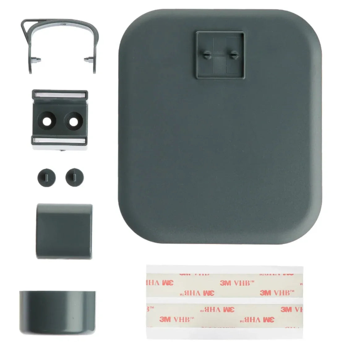 Componentes do Suporte de Parede para Garrafas GFL Swing-Me, incluindo partes de montagem e fita 3M.