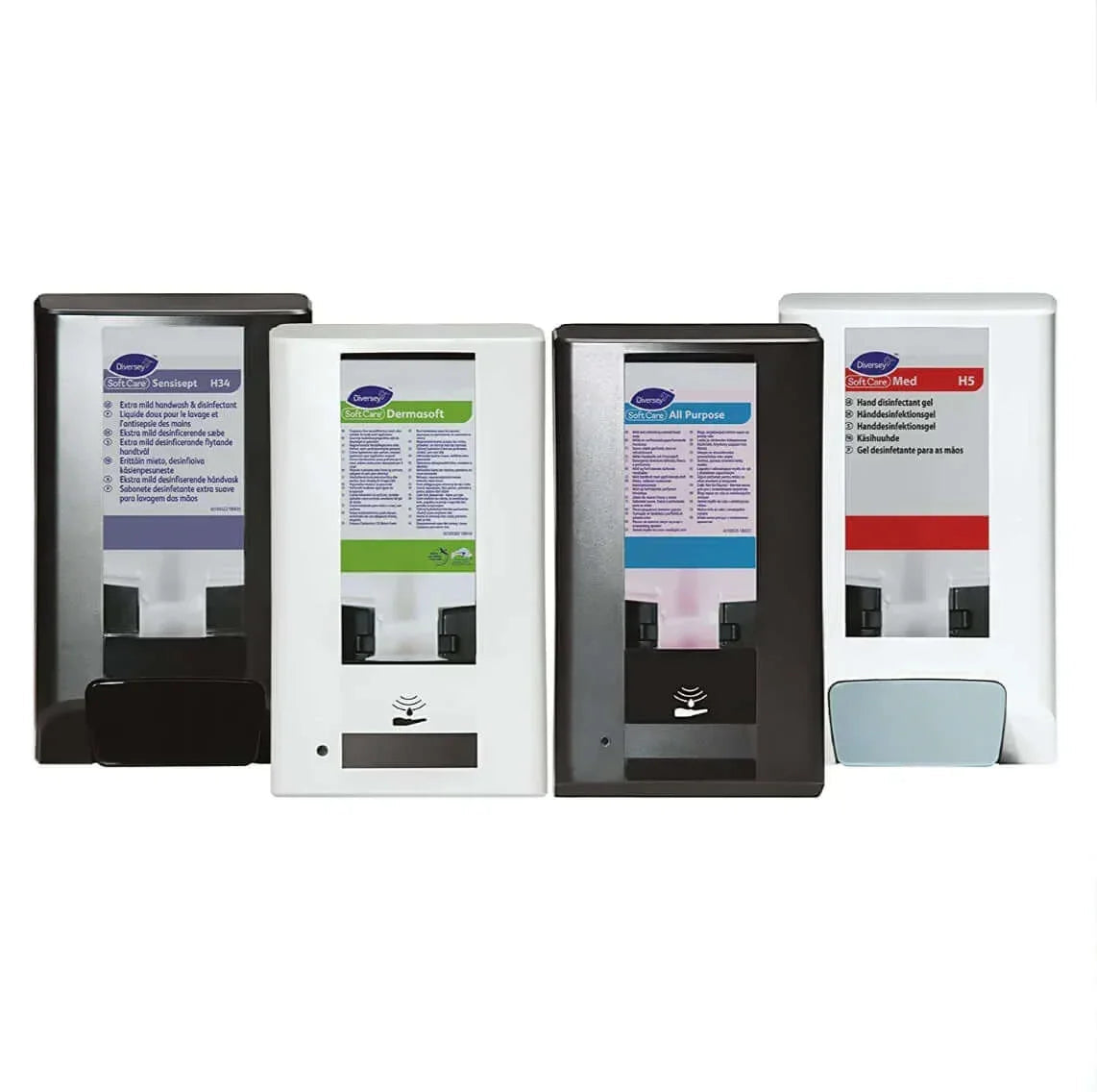 Dispensadores de sabonete, incluindo Sabonete Espuma das Mãos Soft Care All Purpose Foam da Diversey.