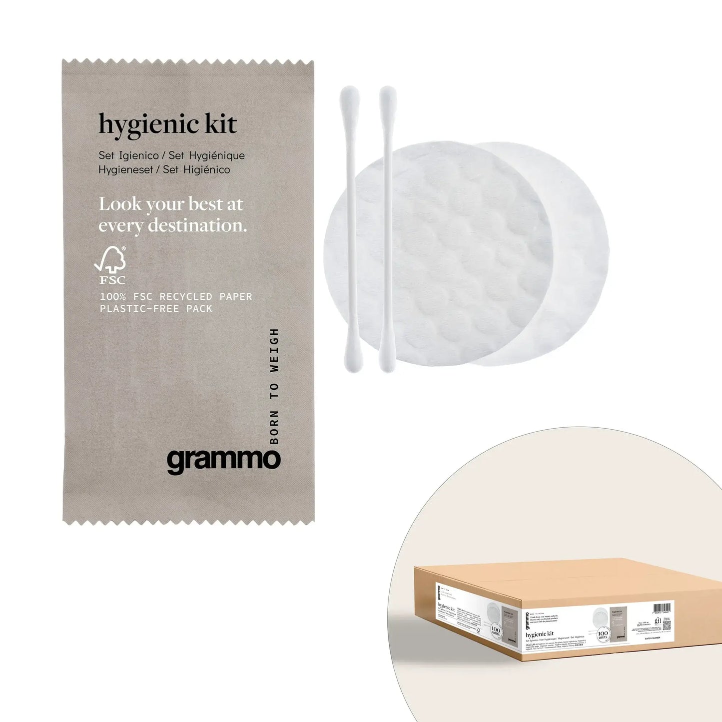 Kit de Higiene Descartável da Grammo, embalado em papel reciclável com cotonetes e discos de limpeza.