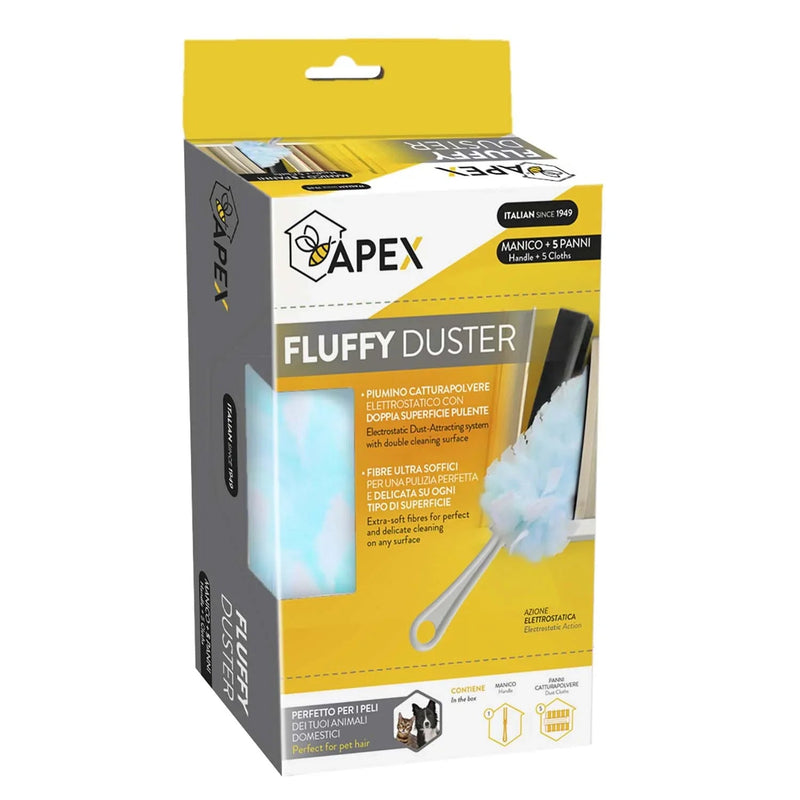 Kit Espanador Anti-Estático Agarra-Pó da marca APEX, vendido num pack com um suporte e mais 5 recargas de panos descartáveis