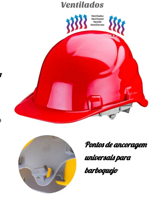 Capacete de Proteção Segurança Industrial com orifícios de ventilação e pontos de ancoragem universais para barboquejo.