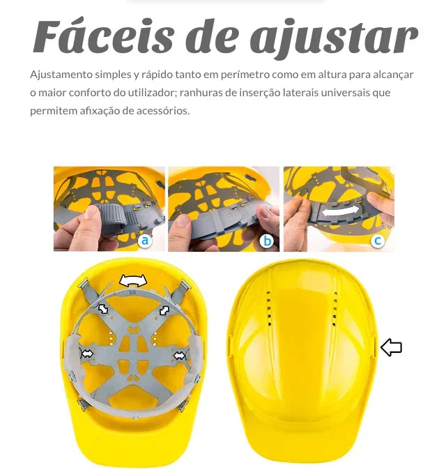 Capacete de Proteção Segurança Industrial com sistema de ajuste fácil e rápido, ideal para conforto do utilizador.
