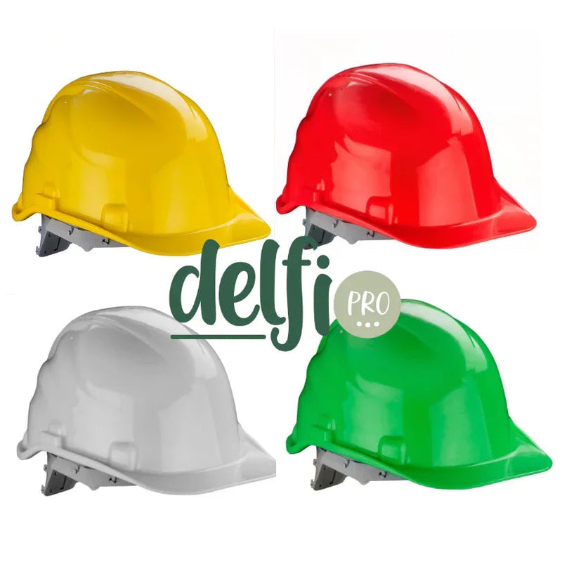 Capacete de Proteção Segurança Industrial em várias cores: amarelo, vermelho, verde e cinza.
