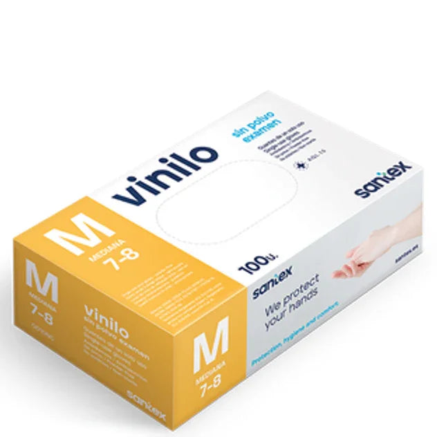 Caixa de Luvas Vinil Descartáveis sem Pó tamanho M, 100 unidades, proteção das mãos, marca Saniex.