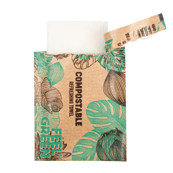 Embalagem de toalhita refrescante compostável perfumada, 500 unidades, destacando a limpeza e sustentabilidade para para restaurantes, cervejarias e marisqueiras