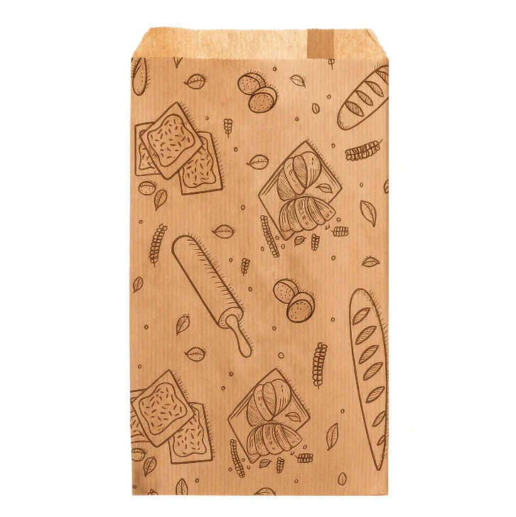 Saqueta Papel Kraft Decorada 18+7x32cm Padaria Pastelaria Café Bar Take Away Pão Bolos Croissant