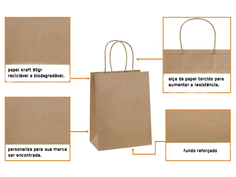 Saco Kraft Asa Torcida 32+11x42cm Take Away Menu Restaurante Compras Loja
