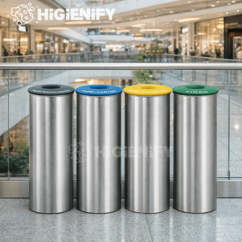Ecoponto Inox Cilíndrico Individual com Tampa Cinzenta em ambiente de centro comercial, perfeito para empresas