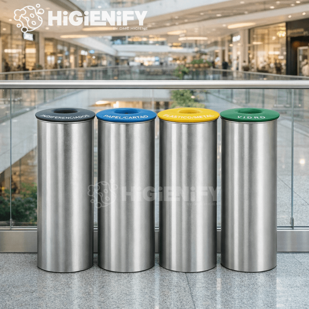 Ecoponto Inox Cilíndrico Individual com Tampa Verde em ambiente comercial, ideal para gestão de resíduos.
