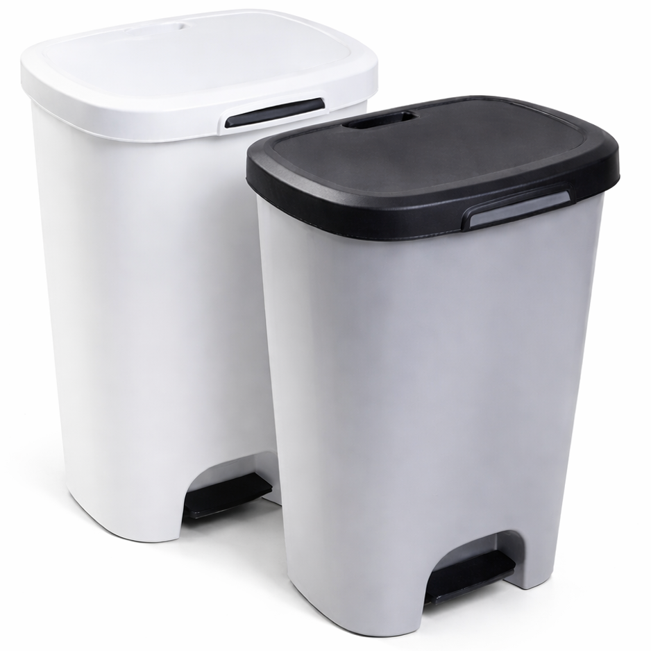 Balde de Lixo com Pedal 50L em branco e preto, ideal para ambientes, resistente e prático para descarte de lixo.