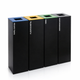 Ecoponto em Bloco Preto com 4 Separadores, contendo recetáculos para papel, plástico, vidro e resíduos indiferenciados, perfeito para empresas
