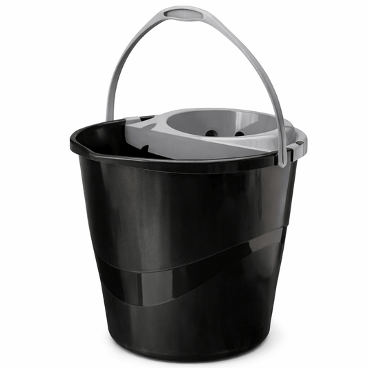 Balde Redondo com Espremedor 10L em plástico preto, ideal para limpezas pontuais e domésticas.