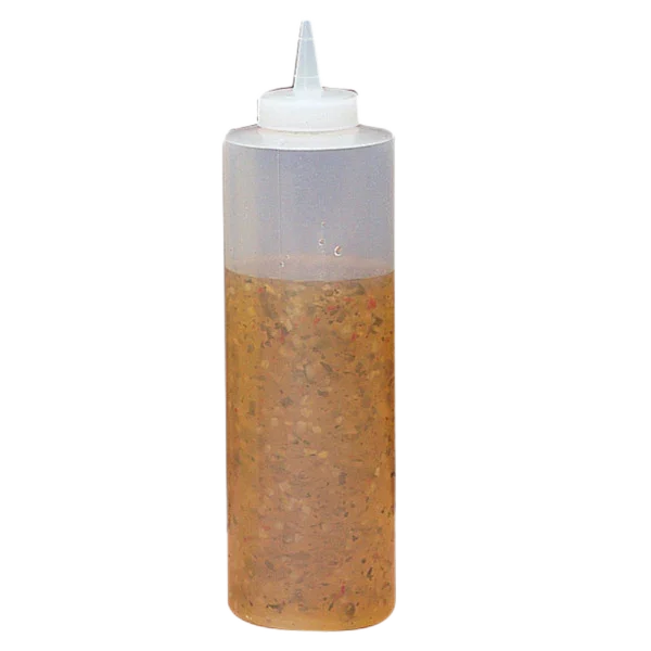 Garrafa Doseadora de Molhos com Aplicador cheia de molho, ideal para uso em cozinhas profissionais e serviços de conveniência.