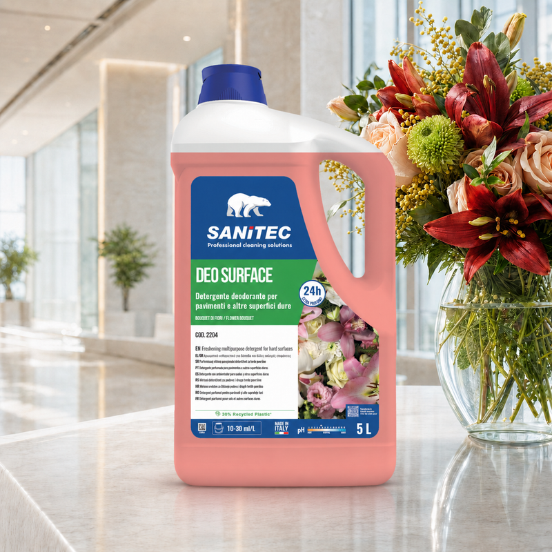 Detergente Pavimentos Neutro Extra Perfumado | SANITEC 5L em ambiente elegante com flores