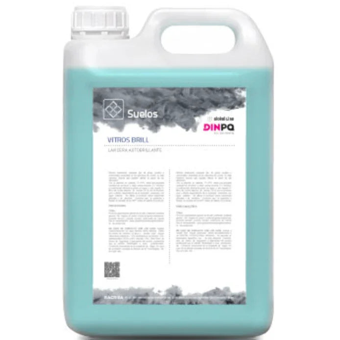 Detergente Pavimentos Neutro Autobrilhante 5L da marca DINPQ VITROS BRILL, em embalagem de plástico.