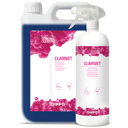 Detergente Limpa Vidros e Multisuperfícies Perfumado 5L e 1L da marca DINPQ CLARNET.