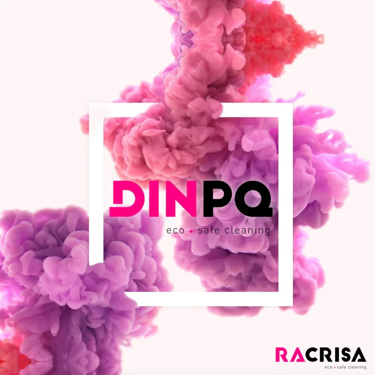 Logótipo da marca DINPQ com a frase eco - safe cleaning em fundo de nuvens coloridas.