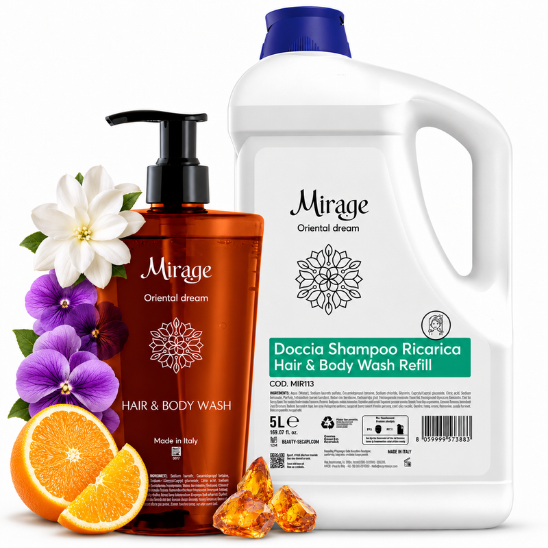 Gel de Banho e Champô 2em1 MIRAGE | Frasco de 400ml e refil de 5L com flores e laranja