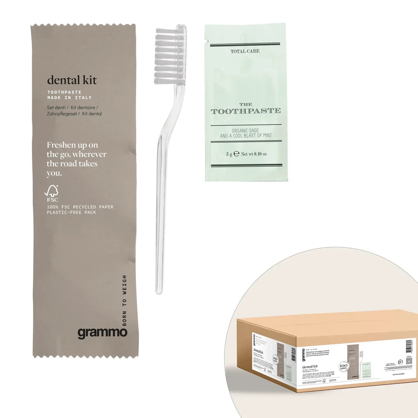 Kit Dentífrico Descartável incluindo escova de dentes e pasta de dente em embalagem reciclável da Grammo.