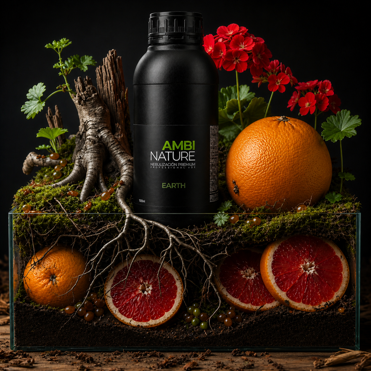 Essência Nebulizadora Earth | Frasco com óleos essenciais e elementos naturais evocando um aroma terroso amadeirado de inspiração oriental | 1000ml | AMBINATURE