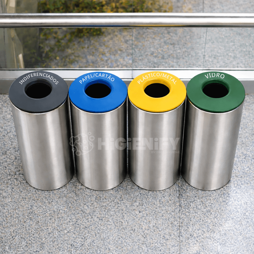 Ecoponto Inox Cilíndrico Individual com Tampa Cinzenta, colecção de ecopontos com várias categorização de resíduos.