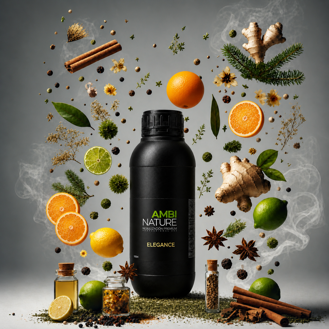 Essência Nebulizadora Elegance da AMBINATURE, 1000ml, rodeada de ingredientes naturais e óleos essenciais, evocando um aroma cítrico muito elegante e diferenciado