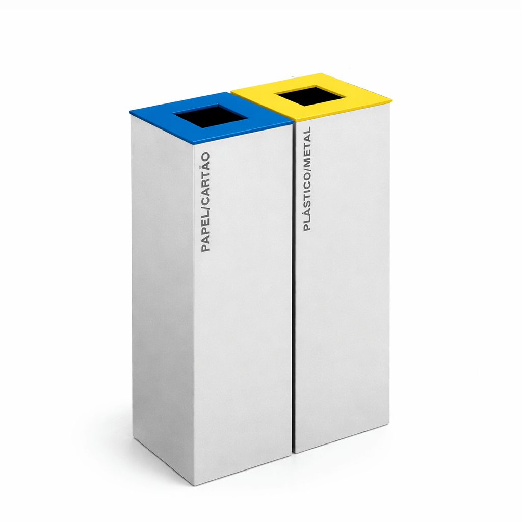 Ecoponto em Bloco Cinzento com 2 Separadores, papel/cartão e plástico/metal, aço pintado para reciclagem, perfeito para empresas