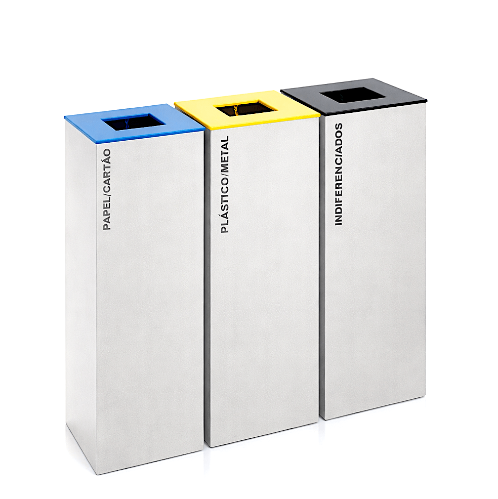 Ecoponto em Bloco Inox com 3 Separadores em aço inox escovado. Separadores para papel, plástico e indiferenciados, perfeito para empresas